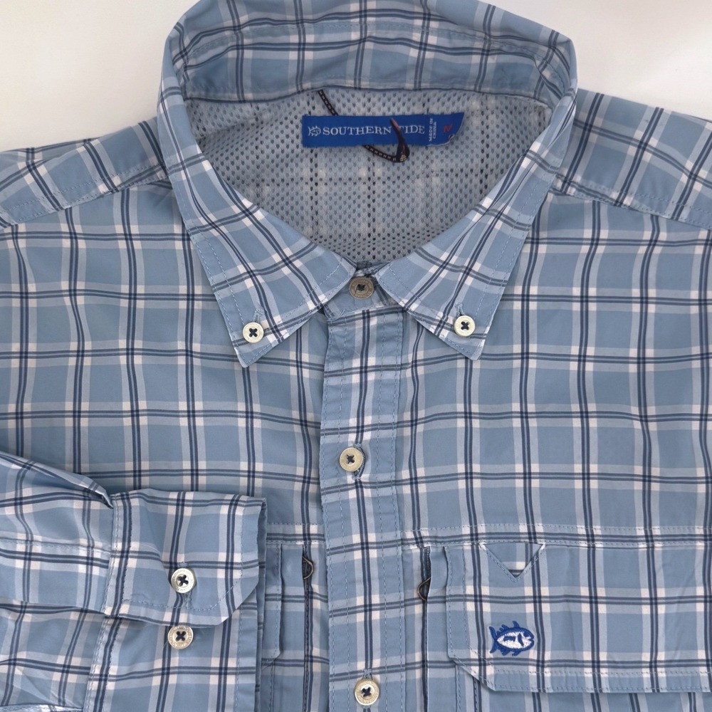 Southern Tide Mens M Blue Plaid Performance Fishing Shirt Long Sleeve Vent Back